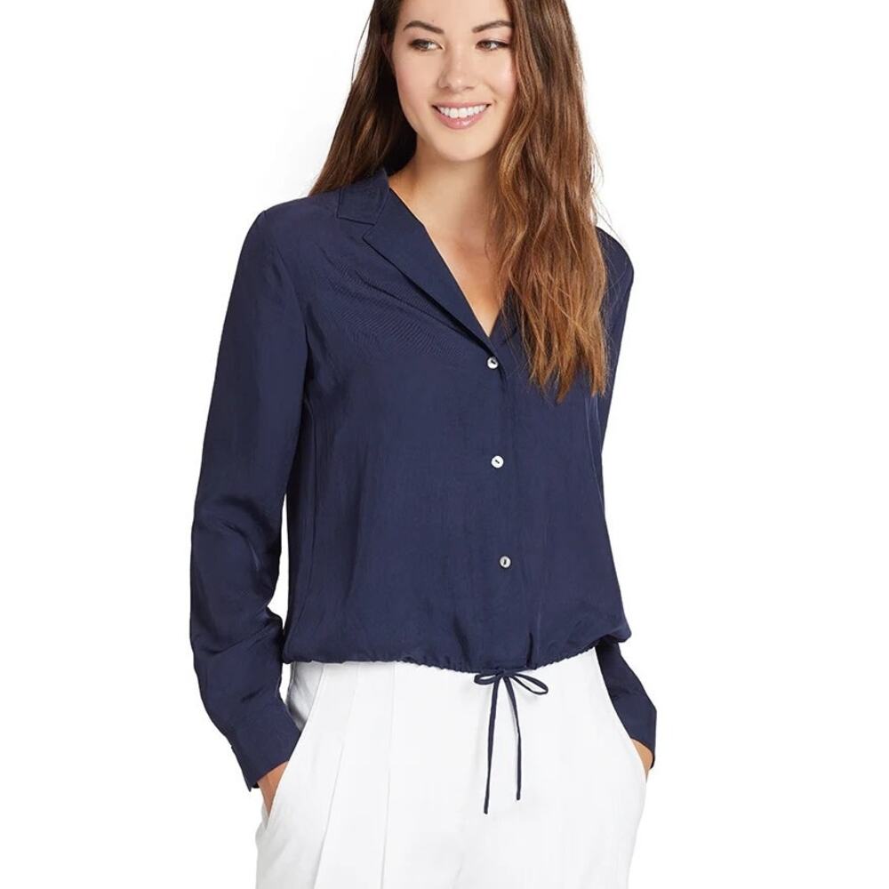 Vince Long Sleeve Drawstring Button Down Lapel Relaxed Fit Crop Shirt Marine